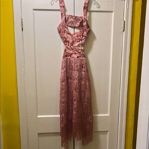 NWT Anthro Celandine linen pink/red Fringe midi Dress